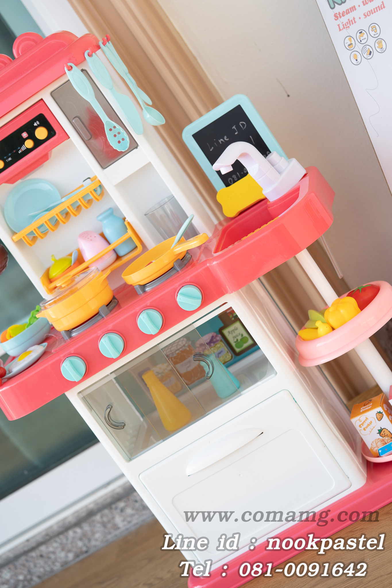 โต๊ะครัวสีชมพูพร้อมอุปกรณ์ 43 ชิ้น น้ำไหลได้จริง (เตาแก๊สมีไอน้ำ)