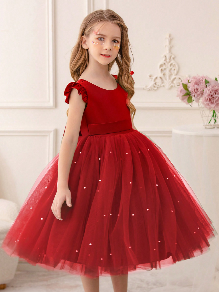 Gd4340- พร้อมส่งจากไทย ชุดออกงานเด็กหญิงสีแดง แขนระบายสุดน่ารัก โบว์ใหญ่สวยๆ แยกจากชุดได้ ตกแต่งมุกที่กระโปรง ตัวเสื้อเงาดุจผ้าไหม ชุดราตรีเด็กทรงสั้น