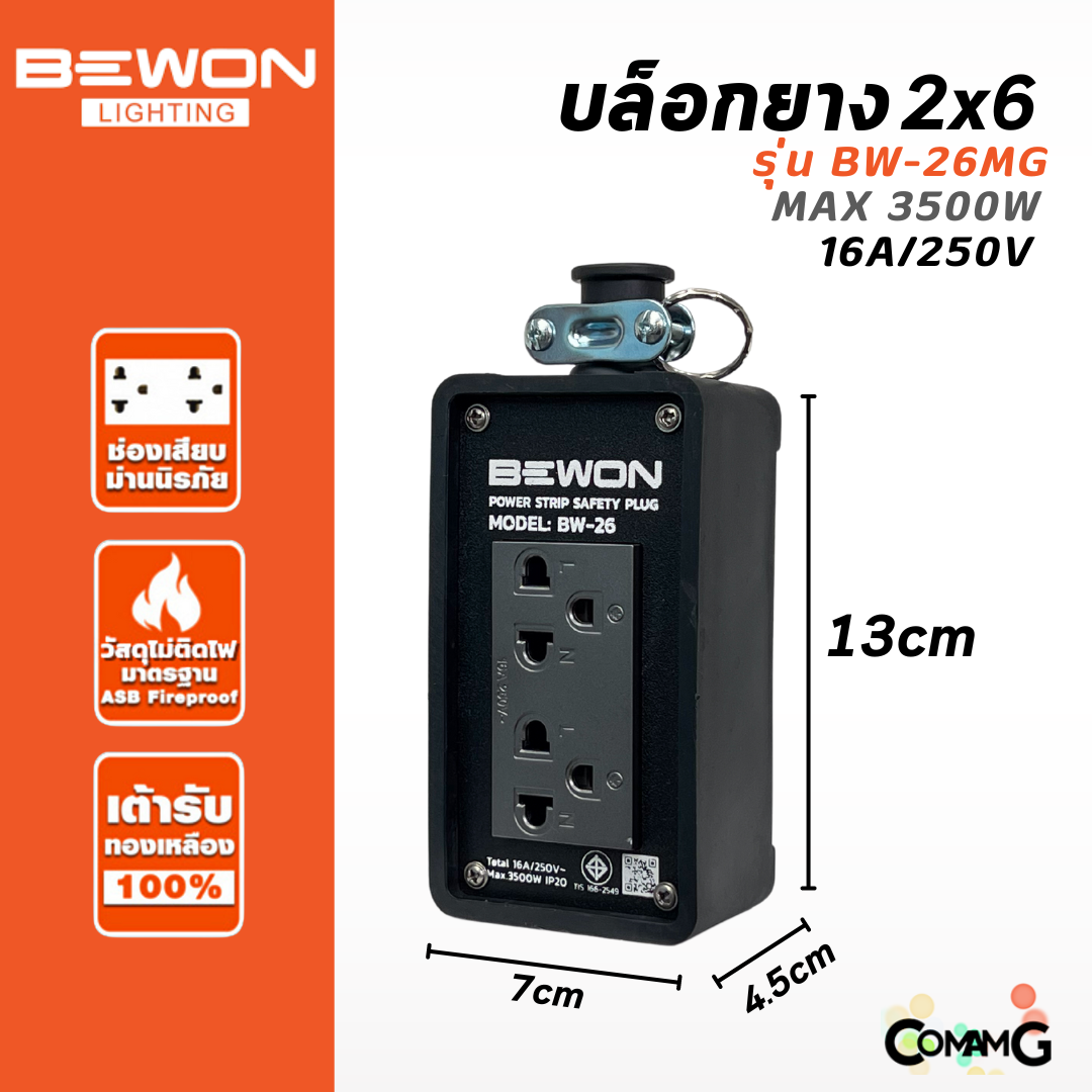 Bewon บล็อกยางพร้อมเต้ารับสีเทา มีมอก. มีหลายขนาด ปลั๊กพ่วงสนาม บล็อกยางกันกระเเทกพร้อมปลั๊กกราวด์คู่