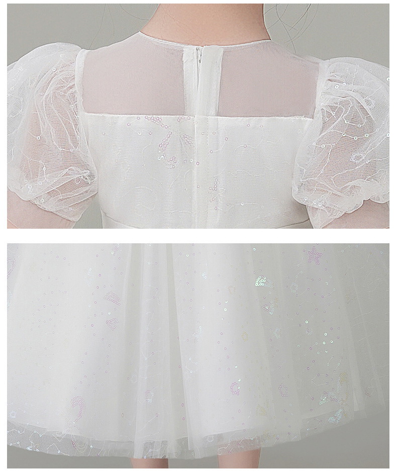 Gd4082- พร้อมส่งจากไทย ชุดออกงานเด็กหญิงสีขาว ตกแต่งเลื่อมสีทองสุดสวยหรู แขนตุ๊กตามน่ารัก ชุดราตรีเด็กทรงยาวและทรงหน้าสั้น-หลังยาวแบบเดรสทรงหางปลา