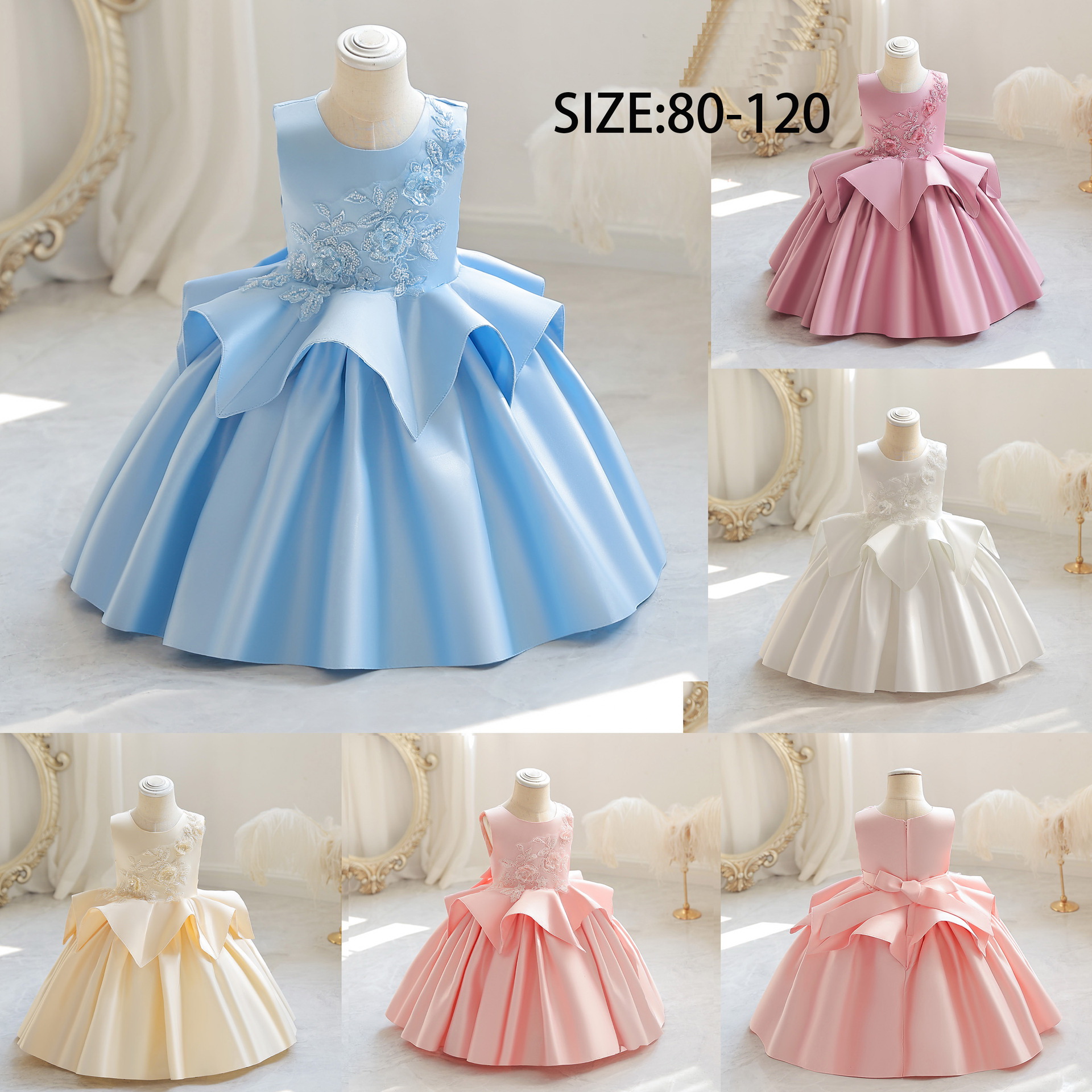 Gd3977- พร้อมส่งจากไทย ชุดออกงานเด็กหญิงสีครีม เด็กเล็ก-เด็กโต สวยเหมือนแบบ แบบสวยเก๋น่ารัก ชุดราตรีเด็กทรงสั้น