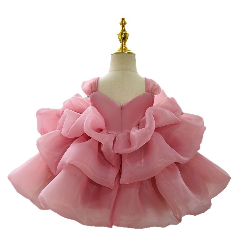 Gd4521- พร้อมส่งจากไทย ชุดออกงานเด็กหญิงสีชมพู น่ารักสุดสวยหรู งานฝีมือประดิษฐ์ดอกไม้ กระโปรงหลายชั้นสวยฟูฟ่อง ชุดราตรีเด็กทรงสั้น