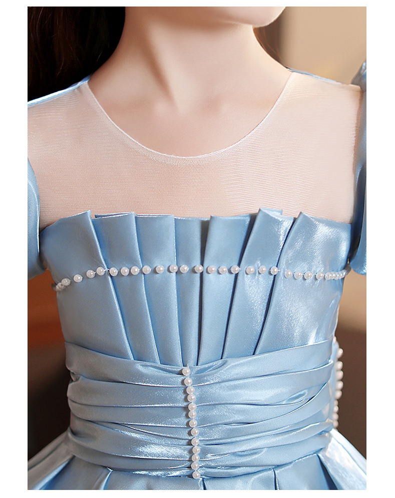 Gd3936- พร้อมส่งจากไทย ชุดออกงานเด็กหญิงสีฟ้า ผ้าสวยหรูหราดุจไหม สไตล์สวยสดหรูดูโดดเด่น ชุดราตรีเด็กทรงยาว แขนตุ๊กตา ชุดออกงานการแสดง