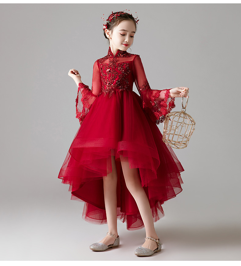 Gd3806- พร้อมส่งจากไทย ชุดราตรีเด็ก สีแดงเข้ม ชุดออกงานเด็กหญิง แขนยาว ทรงหน้าสั้นหลังยาวแบเดรสทรงหางปลา งานลูกไม้สวย ดูหรูหรา คอจีน