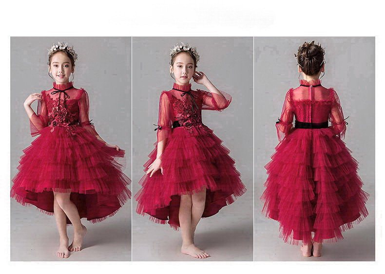 Gd3600- พร้อมส่ง ชุดราตรีเด็กสีแดงเข้ม ชุดออกงานเด็กหญิง แขนยาว ทรงหน้าสั่น-หลังยาวพองฟูสวยหรู แนววินเทจผู้ดีอังกฤษ