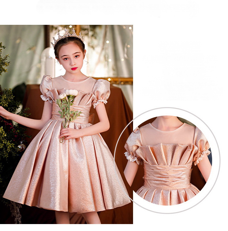 Gd4523- พร้อมส่งจากไทย ชุดออกงานเด็กหญิงสีชมพู แบบชมพูโรสโกลด์ หรือสีพิ้งค์โกลด์ สีสวยผ้าสวยสุดหรูหรา โบว์แยกจากชุดได้ ชุดราตรีเด็กทรงสั้น