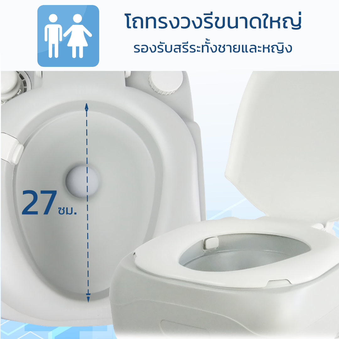 สุขาเคลื่อนที่ รุ่น P.1 ฝารองนั่งแบบวงรี ความจุน้ำสะอาด 12 ลิตร ความจุของเสีย 21 ลิตร ฟรีสายฉีดชำระ