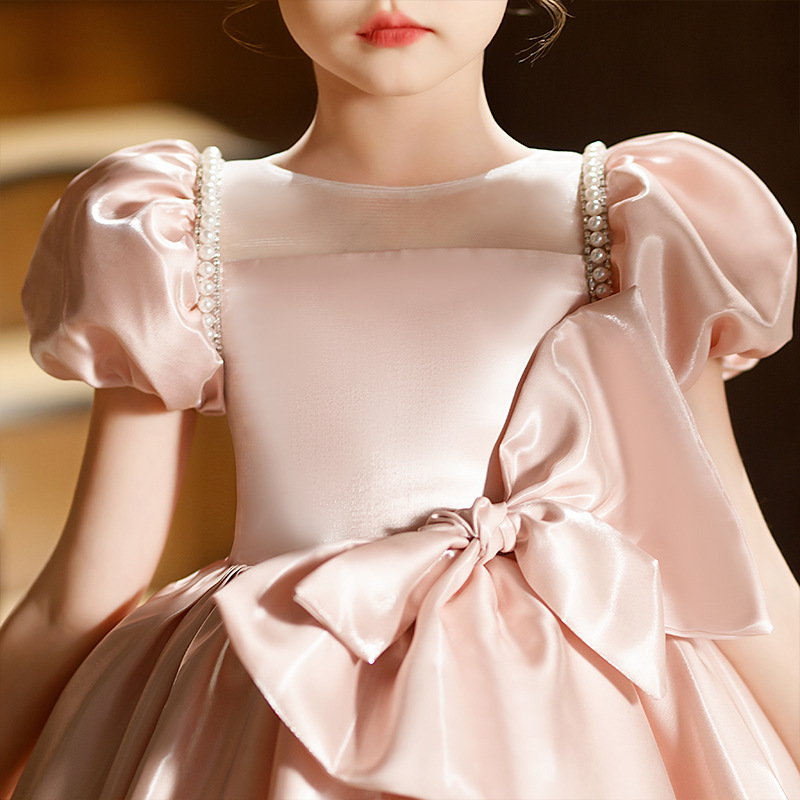 Gd4510- พร้อมส่งจากไทย ชุดออกงานเด็กหญิงสีชมพู แขนตุ๊กตาร้อยมุกสุดหรูหรา ติดโบว์แยกจากชุดได้ ผ้าสวยหรูหราดุจไหม เด็กเล็ก-เด็กโต ชุดราตรีเด็กทรงสั้น