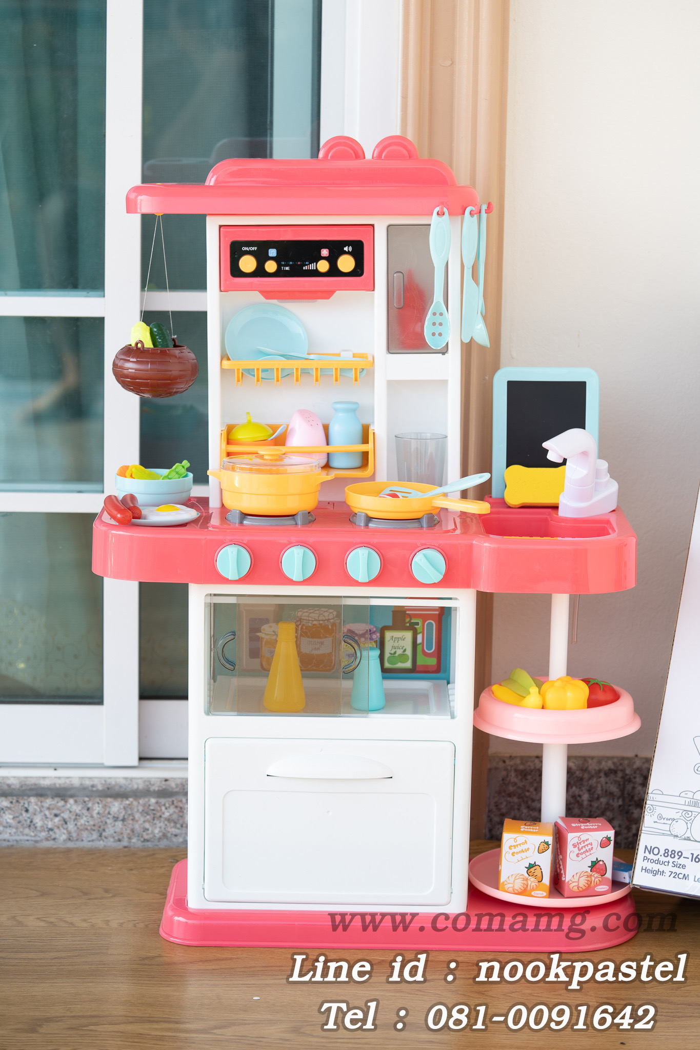 โต๊ะครัวสีชมพูพร้อมอุปกรณ์ 43 ชิ้น น้ำไหลได้จริง (เตาแก๊สมีไอน้ำ)