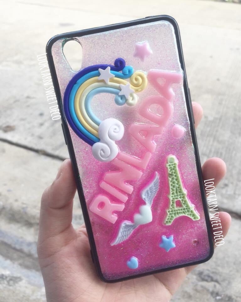 เคสกากเพชรขาว ชมพู อักษรสีชมพู