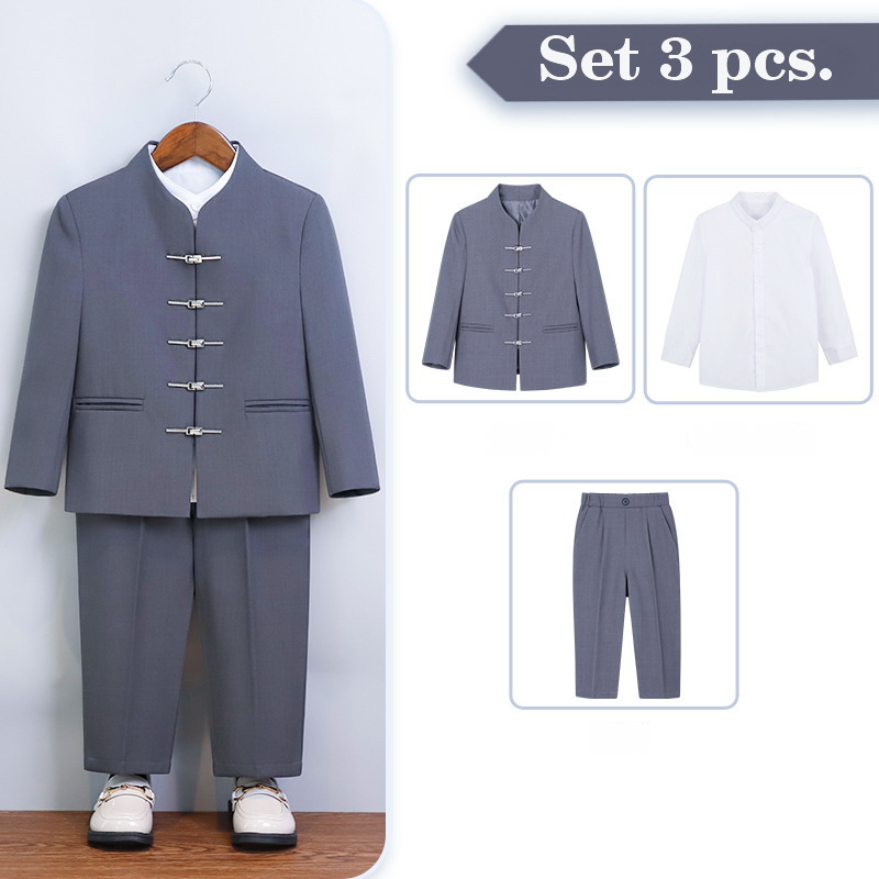 Bset0143- ชุดออกงานเด็กชายสีเทา 3ชิ้น มี เสื้อคอจีนสีเทา+เสื้อคอจีนแขนยาวสีขาว+กางเกงสีเทา ชุดจีนเด็กชายดูมีสไตล์ ทรงสวยเรียบหรูดูสุขุม เนื้อผ้าสวยใส่สบาย ขนาดชุด +ดูเพิ่ม ในรายละเอียด