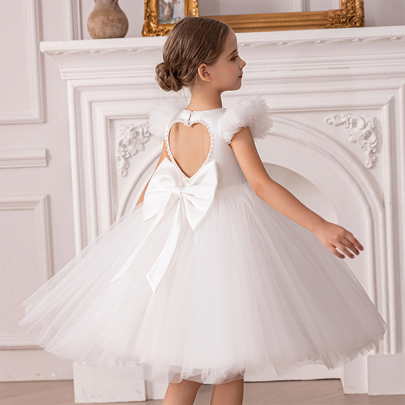 Gd4520- พร้อมส่งจากไทย ชุดออกงานเด็กหญิงสีแดง หลังเว้าสวยหวานด้วยมุก แขนระบายน่ารัก โบว์แยกจากชุดได้ ชุดราตรีเด็กทรงสั้น