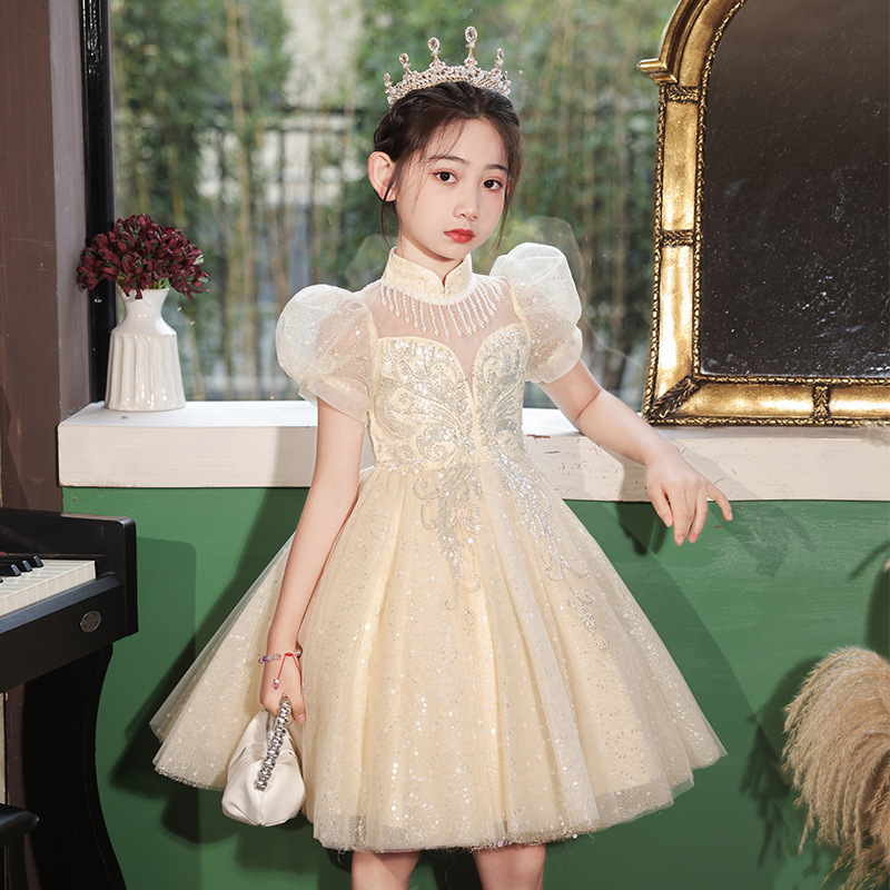 Gd4108- พร้อมส่งจากไทย ชุดออกงานเด็กหญิงสีครีม แขนสวยทรงสวยสุดน่ารัก ชุดราตรีเด็กทรงสั้น