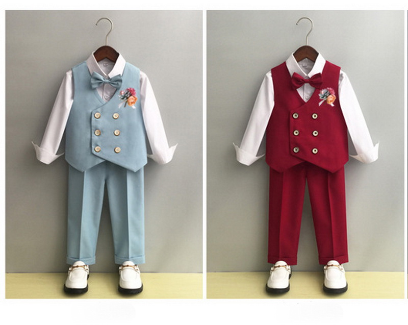 Bset0128- ชุดสูทเด็กชาย 4ชิ้น ทรงสวยดูดี มีเสื้อกั๊ก+กางเกง+โบว์+เข็มกลัดดอกไม้ เนื้อผ้าสวย ใส่สบาย ขนาดชุด +ดูเพิ่ม ในรายละเอียด สำหรับออกงาน หรือการแสดง