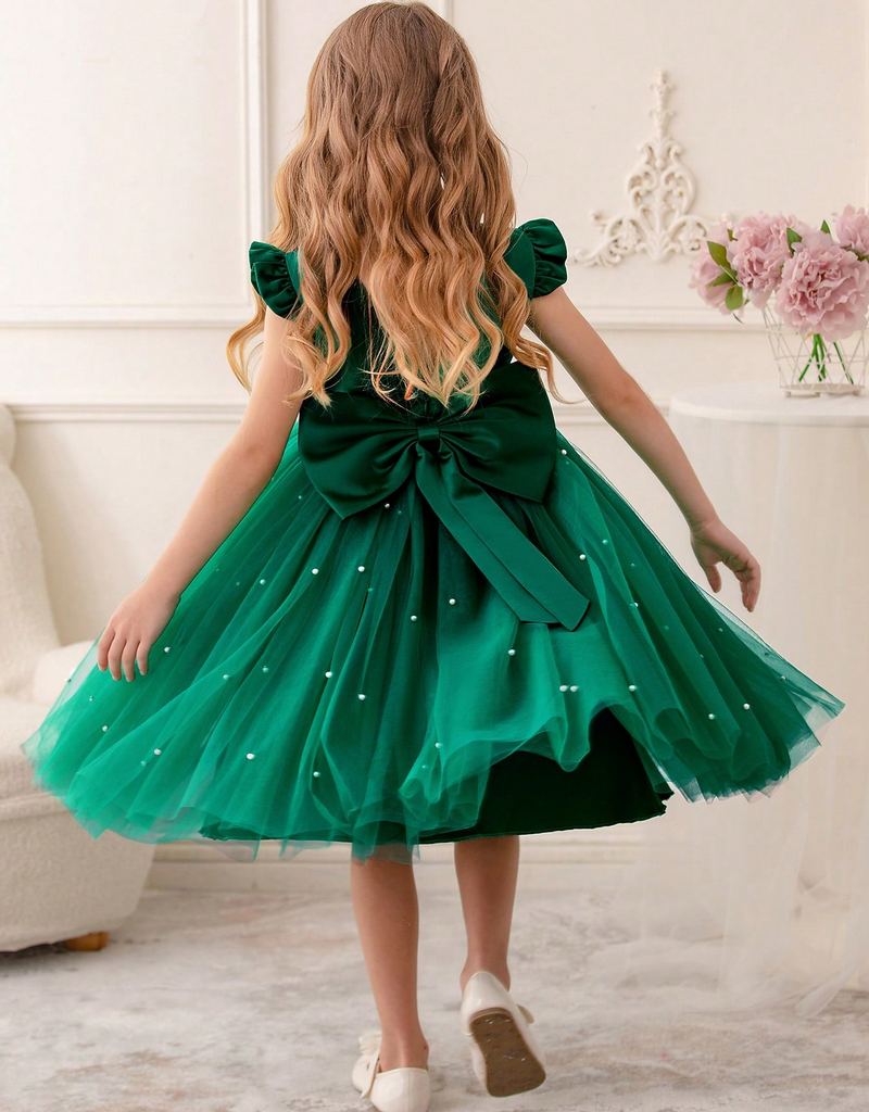 Gd4340- พร้อมส่งจากไทย ชุดออกงานเด็กหญิงสีเขียว แขนระบายสุดน่ารัก โบว์ใหญ่สวยๆ แยกจากชุดได้ ตกแต่งมุกที่กระโปรง ตัวเสื้อเงาดุจผ้าไหม ชุดราตรีเด็กทรงสั้น