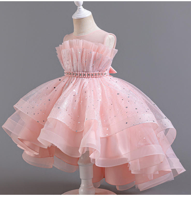 Gd4094- พร้อมส่งจากไทย ชุดออกงานเด็กหญิงสีชมพู และชมพูกลีบบัว สุดสวยหรูดูฟรุ้งฟริ้ง ไหล่ซีทรู ชุดราตรีเด็กทรงหน้าสั้น-หลังยาว แบบเดรสหางปลา