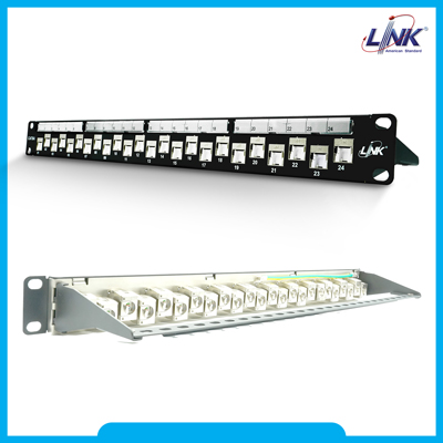 US-3324S : Shield CAT 6A PATCH PANEL 24 Port, Auto Shutter w/Cable Management- แผงแบบเรียบดั้งเดิม