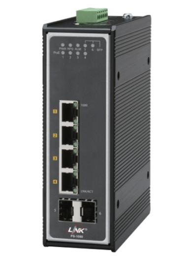 PS-1080 : 4 - Port Industrial Gigabit PoE Switch (AC90W) 4 GE (PoE) + 2 SFP (GE)