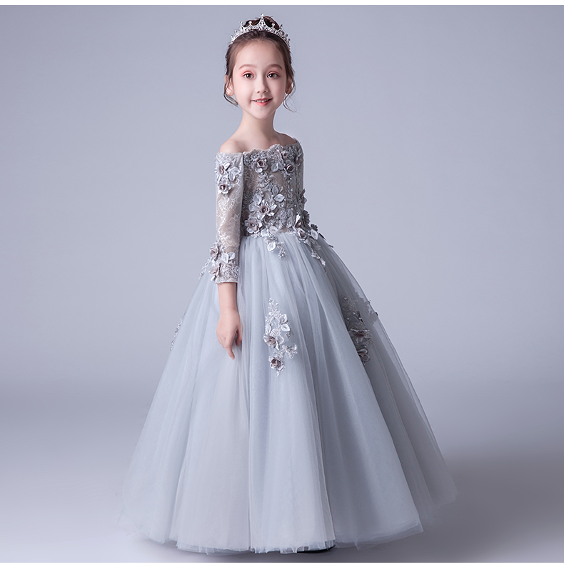 Gd32764 พร้อมส่งชุดเดรสออกงานเด็กสีเทาแขนยาว ทรงยาวแบบเปิดไหล่สุดหรูกระโปรงพองฟูสวย แขนซีทรู