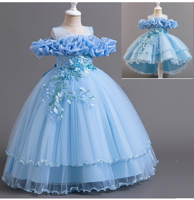 Gd4300- พร้อมส่งจากไทย ชุดออกงานเด็กหญิงสีฟ้า แขนสวยทรงสวยสุดน่ารัก ชุดราตรีเด็กทรงสั้น และทรงหน้าสั้น-หลังยาว