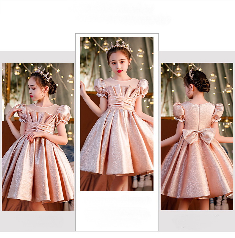 Gd4523- พร้อมส่งจากไทย ชุดออกงานเด็กหญิงสีชมพู แบบชมพูโรสโกลด์ หรือสีพิ้งค์โกลด์ สีสวยผ้าสวยสุดหรูหรา โบว์แยกจากชุดได้ ชุดราตรีเด็กทรงสั้น