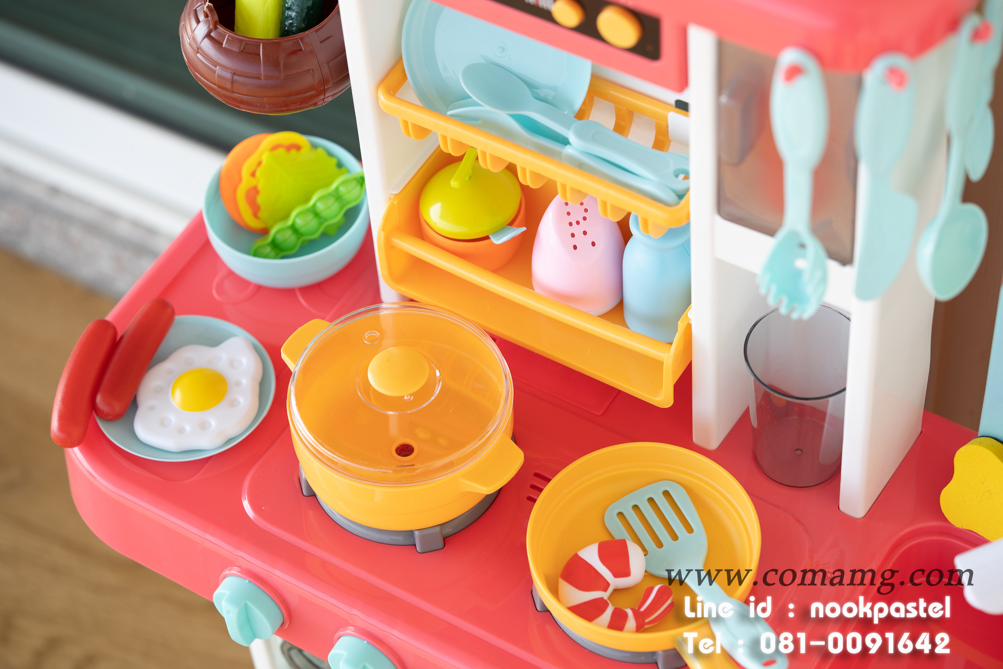 โต๊ะครัวสีชมพูพร้อมอุปกรณ์ 43 ชิ้น น้ำไหลได้จริง (เตาแก๊สมีไอน้ำ)