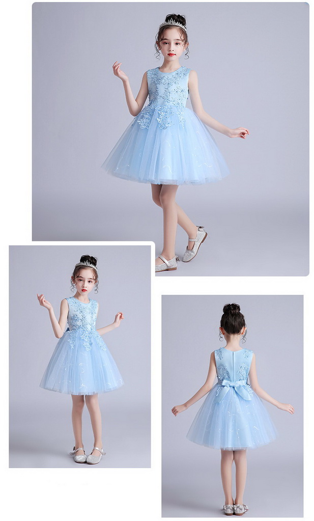 Gd3856- พร้อมส่งจากไทย ชุดออกงานเด็กหญิงสีฟ้า ลูกไม้สวยกระโปรงฟรุ้งฟริ้ง ชุดราตรีเด็กทรงสั่น ชุดออกงานการแสดง