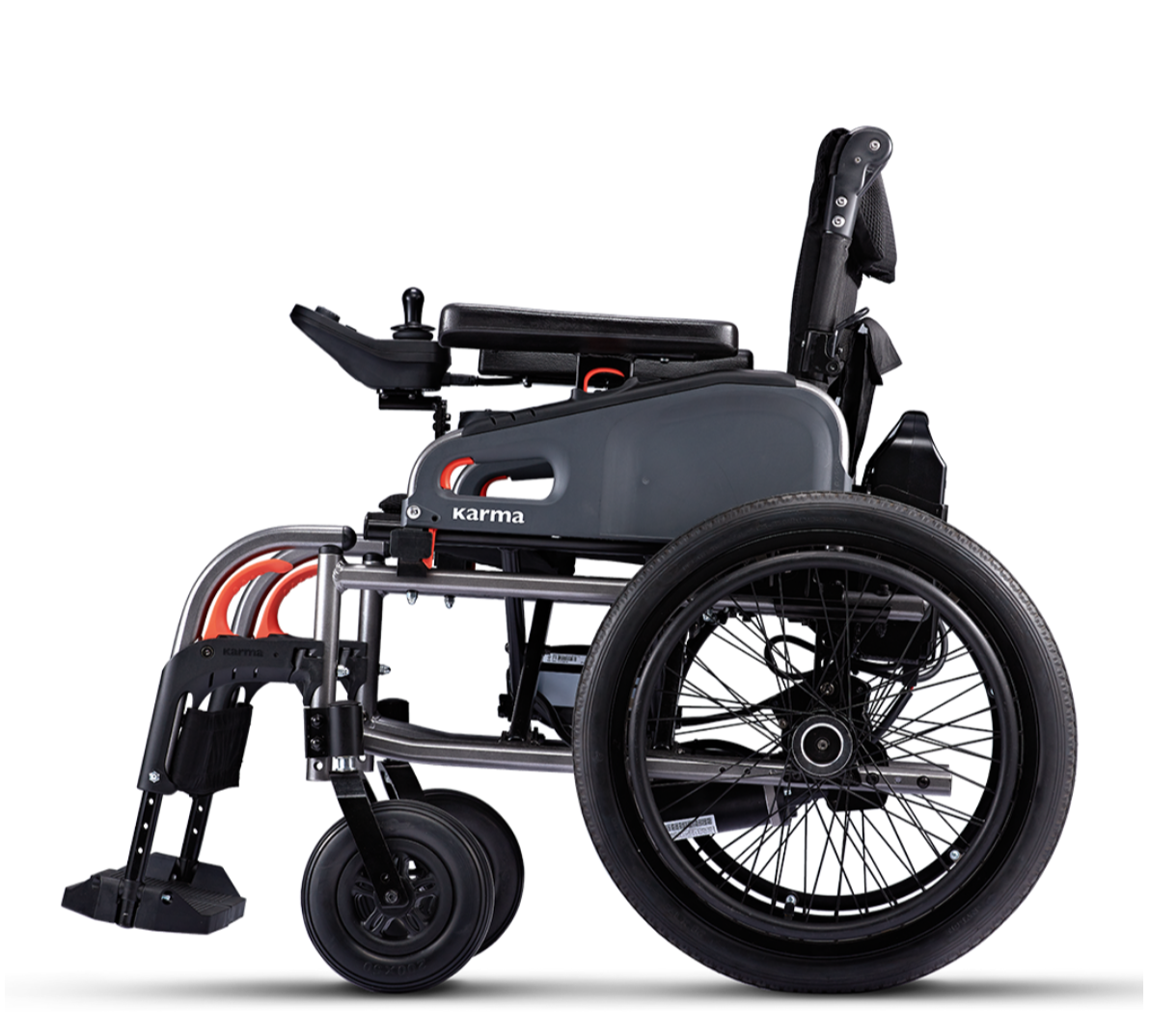 รถเข็นไฟฟ้าคาร์ม่า Eflexx (Power WheelChair KARMA Eflexx) ล้อหลังมี 2 ขนาดเล็ก 14 นิ้ว และล้อใหญ่ 20 นิ้ว สามารถเลือกได้ พับเก็บได้ พนักพิงหลังปรับได้ แบตเตอรี่ถอดและติตตั้งง่าย น้ำหนักเบา เคลื่อนย้ายสะดวก (รุ่นยอดนิยม)
