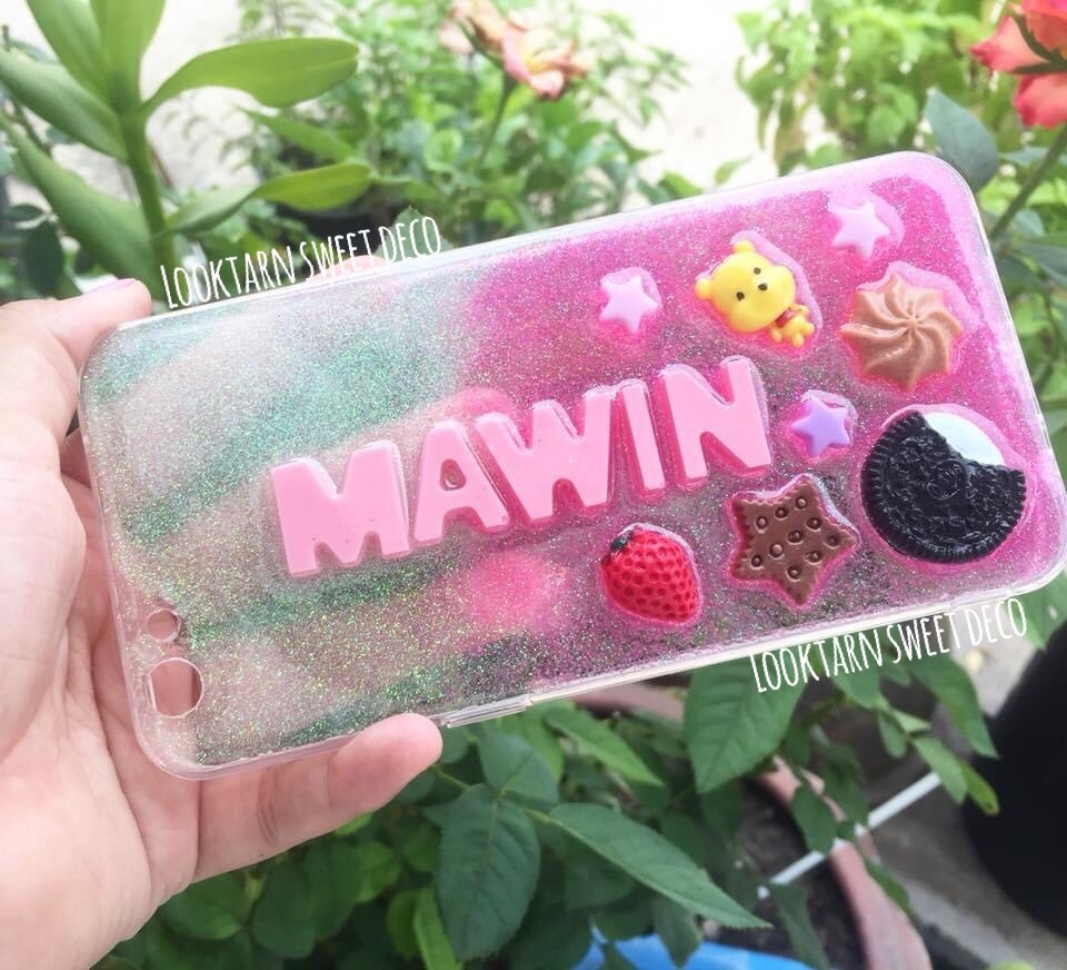 เคสกากเพชรสีขาว ชมพู อักษรสีชมพู