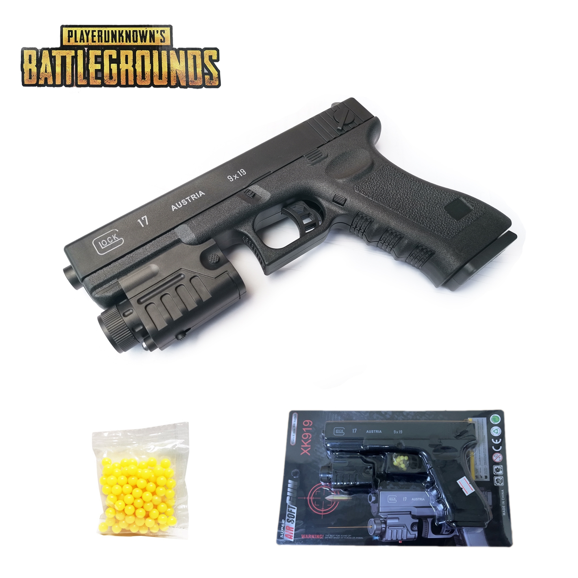 ปืนของเล่น ปืนพลาสติก ปืนอัดลมแบบพกสั้น ปืนพกสั้น ติดแสงเลเซอร์ ทรง GOCK 17 รุ่น XK919