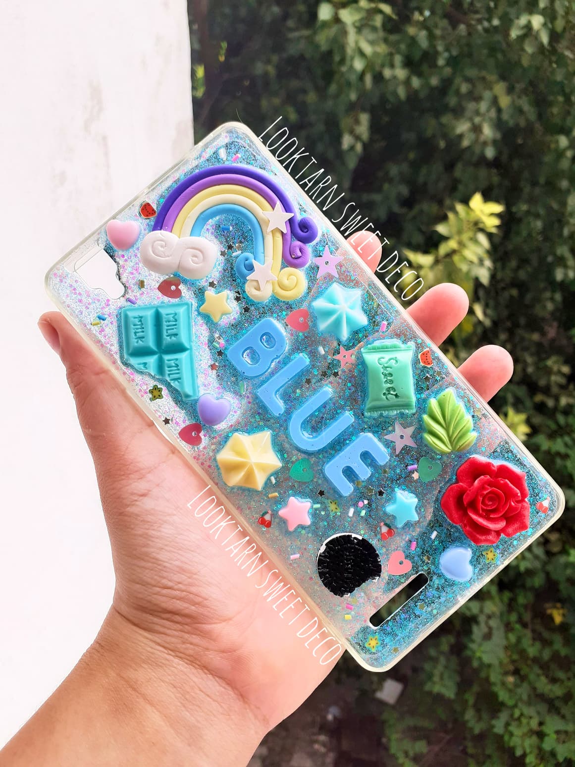 เคสเรซิ่นกากเพชรสีฟ้า อักษรสีฟ้า