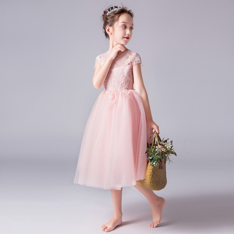 Gd32171-2 พร้อมส่งจากไทย ชุดเดรสออกงานเด็กสีชมพูโอโรส เด็กเล็ก-เด็กโต ชุดราตรีเด็กทรงยาวสี่ส่วน มีแขน