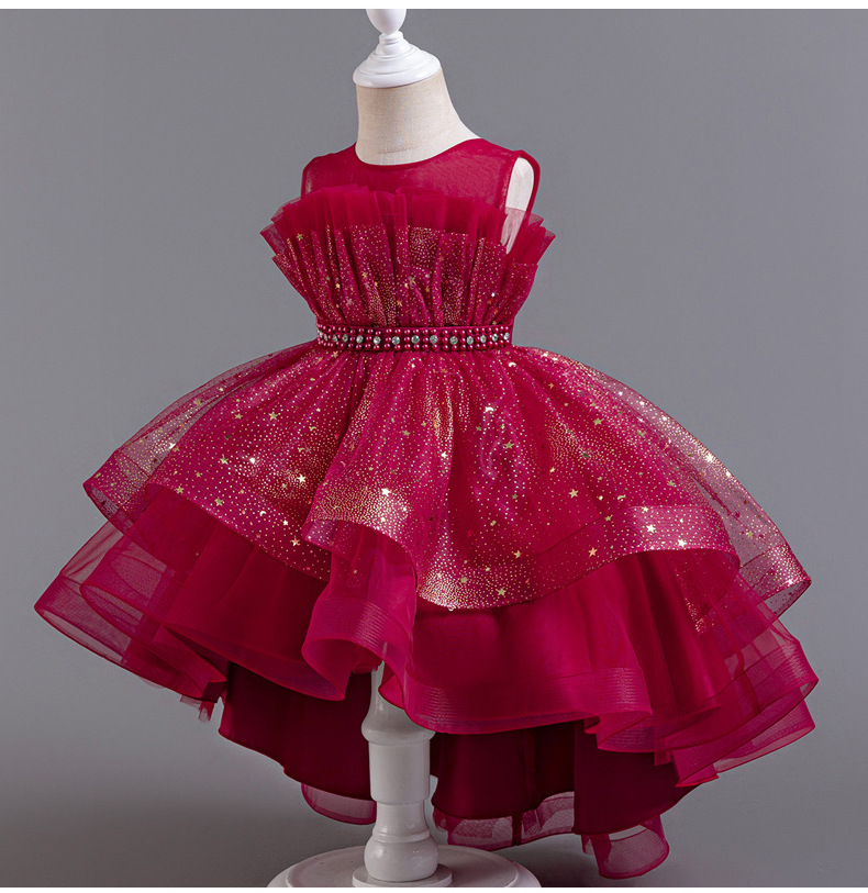 Gd4094- พร้อมส่งจากไทย ชุดออกงานเด็กหญิงสีแดง สุดสวยหรูดูฟรุ้งฟริ้ง ไหล่ซีทรู ชุดราตรีเด็กทรงหน้าสั้น-หลังยาว แบบเดรสหางปลา