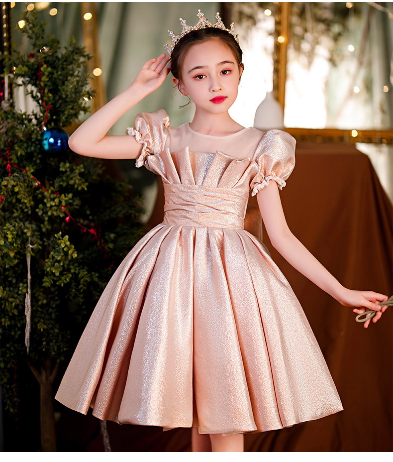 Gd4523- พร้อมส่งจากไทย ชุดออกงานเด็กหญิงสีชมพู แบบชมพูโรสโกลด์ หรือสีพิ้งค์โกลด์ สีสวยผ้าสวยสุดหรูหรา โบว์แยกจากชุดได้ ชุดราตรีเด็กทรงสั้น