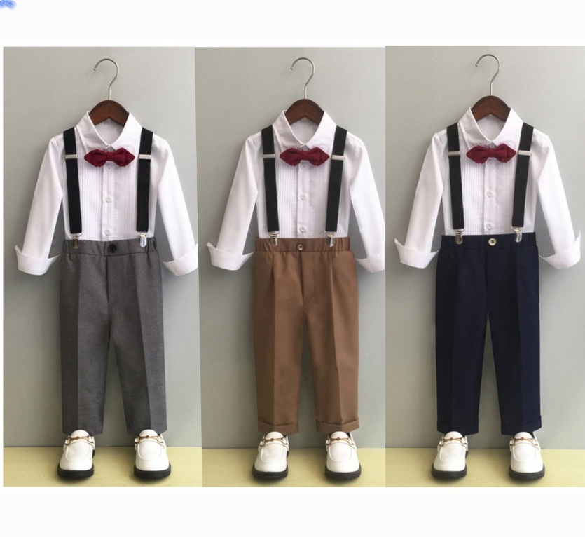 Bset0134- ชุดสูทเด็กชาย 4 ชิ้น เนื้อผ้าสวยใส่สบาย มีเสื้อเชิ้ตจับจีบ+กางเกง+โบว์+สายเอี๊ยม ขนาดชุด +ดูเพิ่ม ในรายละเอียด สำหรับออกงาน หรือการแสดง