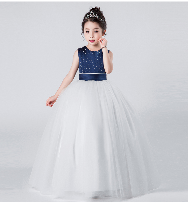 Gd34791 ชุดเดรสออกงานเด็กสีน้ำเงินเข้ม แต่งมุกแบบหมุดปักสวยหรู ชุดราตรีเด็กทรงยาว