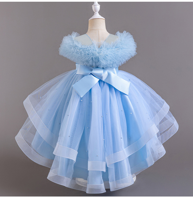 Gd4124- พร้อมส่งจากไทย ชุดออกงานเด็กหญิงสีฟ้า แขนสวยฟูฟ่อง ทรงสวย กระโปรงติดมุก สุดน่ารัก ชุดราตรีเด็กทรงหน้าสั้น-หลังยาว