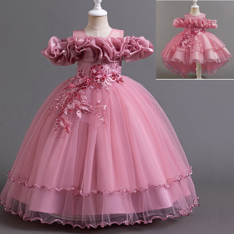 Gd4300- พร้อมส่งจากไทย ชุดออกงานเด็กหญิงสีชมพู แขนสวยทรงสวยสุดน่ารัก ชุดราตรีเด็กทรงสั้น และทรงหน้าสั้น-หลังยาว