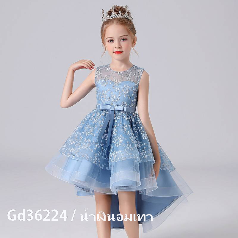 Gd3622- พร้อมส่งจากไทย ชุดราตรีเด็กสีขาว ชุดออกงานเด็กหญิง ทรงหน้าสั้น-หลังยาวแบบเดรสหางปลา ลูกไม้ตกแต่งสวยหรู