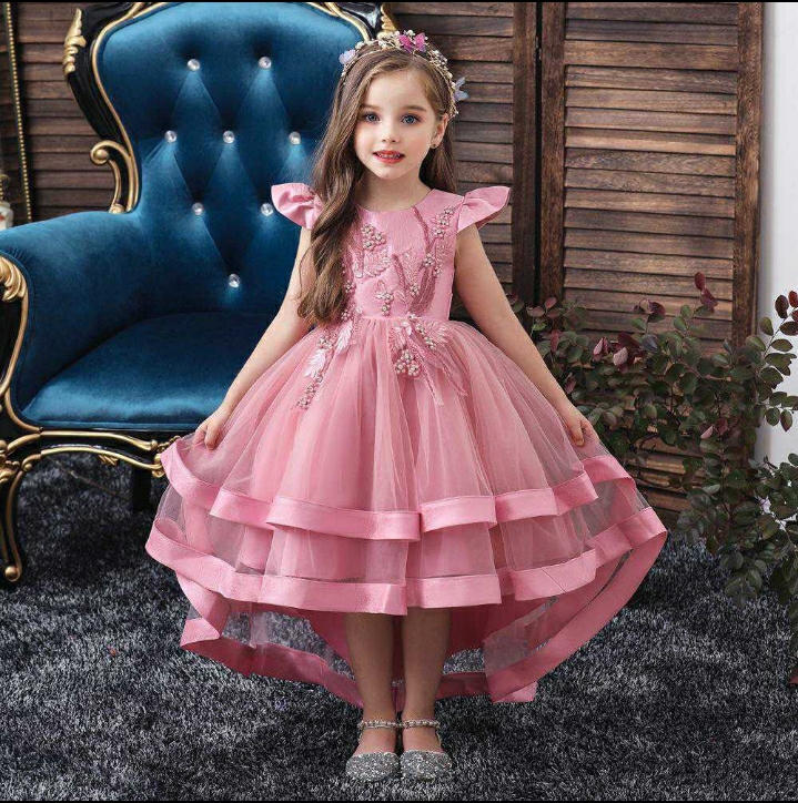 Gd3544- พร้อมส่ง ชุดราตรีเด็กสีชมพู ชุดออกงานเด็กหญิงทรงหน้าสั้น-หลังยาว ชุดกระโปรงเด็ก