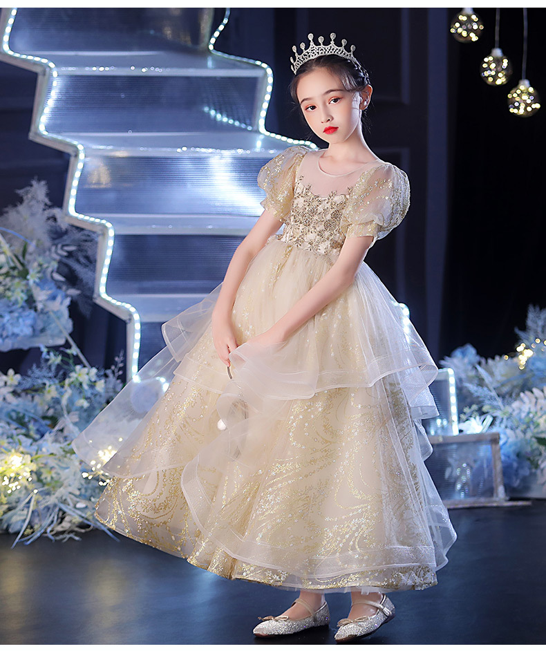 Gd3834- พร้อมส่งจากไทย ชุดออกงานเด็กหญิงสีทอง เลื่อมระยิบระยับ สุดสวยเลิศหรูดุจเจ้าหญิง ชุดราตรีเด็กทรงยาว มีแขน