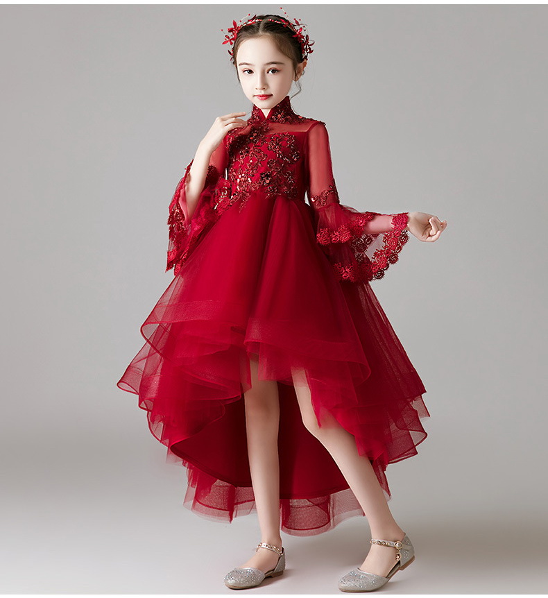 Gd3806- พร้อมส่งจากไทย ชุดราตรีเด็ก สีแดงเข้ม ชุดออกงานเด็กหญิง แขนยาว ทรงหน้าสั้นหลังยาวแบเดรสทรงหางปลา งานลูกไม้สวย ดูหรูหรา คอจีน