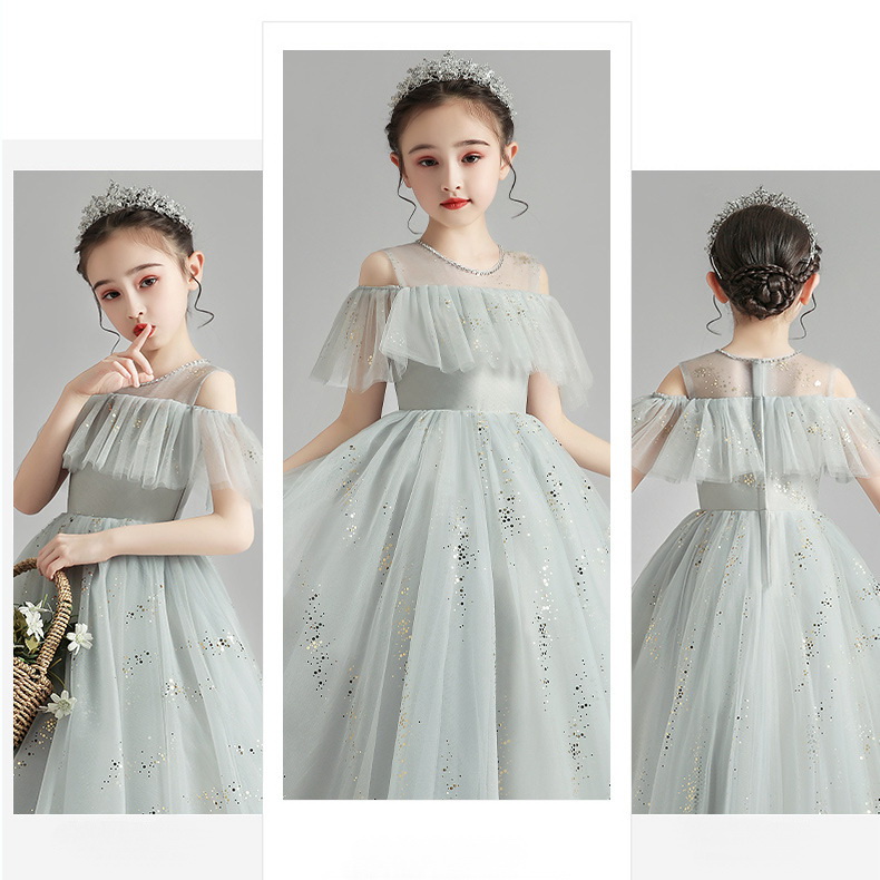 Gd3792- พร้อมส่งจากไทย ชุดราตรีเด็กสีเทา สีเงิน ติดเกล็ดสีทอง ชุดออกงานเด็กหญิงทรงยาว ชุดกระโปรงเด็ก มีแขน แบบสวยหรู ชุดการแสดงเด็ก
