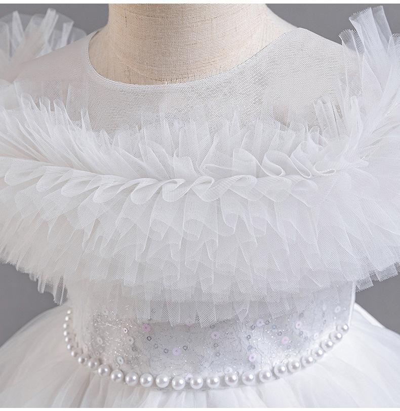 Gd4124- พร้อมส่งจากไทย ชุดออกงานเด็กหญิงสีขาว แขนสวยฟูฟ่อง ทรงสวย กระโปรงติดมุก สุดน่ารัก ชุดราตรีเด็กทรงหน้าสั้น-หลังยาว