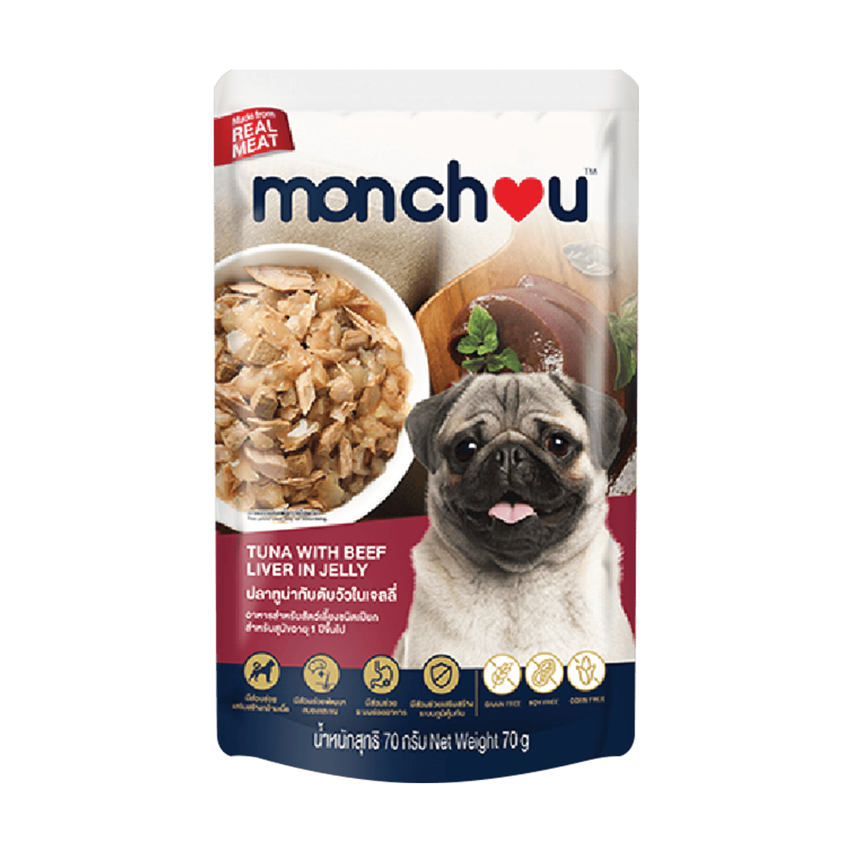 MONCHOU POUCH DOG มองชู อาหารเปียกสุนัข 70g x 12 ซอง สูตรไก่ ตับไก่ ผักรวม อร่อย ย่อยง่าย สำหรับสุนัขทุกสายพันธุ์