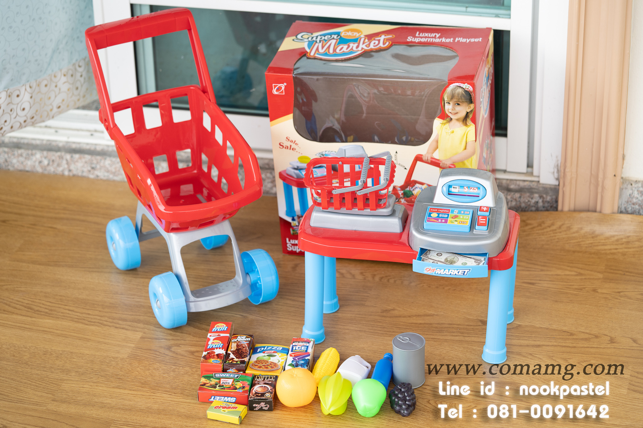 ซุปเปอร์มาร์เก็ต+รถเข็น+แคชเชียร์ (กล่องสีแดง)