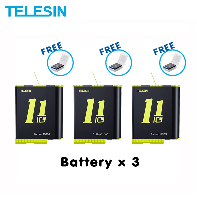 GoPro 11 / 10 / 9 Telesin Battery x 3 แบตเตอรี่ โกโปร 11 / 10 / 9 x 3 แบตกล้อง แบต โกโปร Battery อุปกรณ์เสริมโกโปร