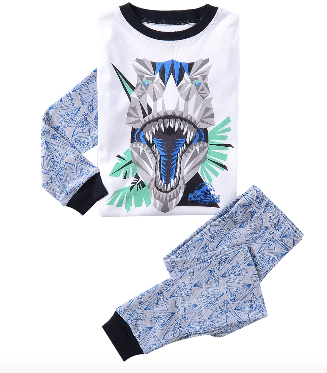 L-KAB-038 ชุดนอนเด็กผู้ชาย สีขาวฟ้า ไดโนเสาร์