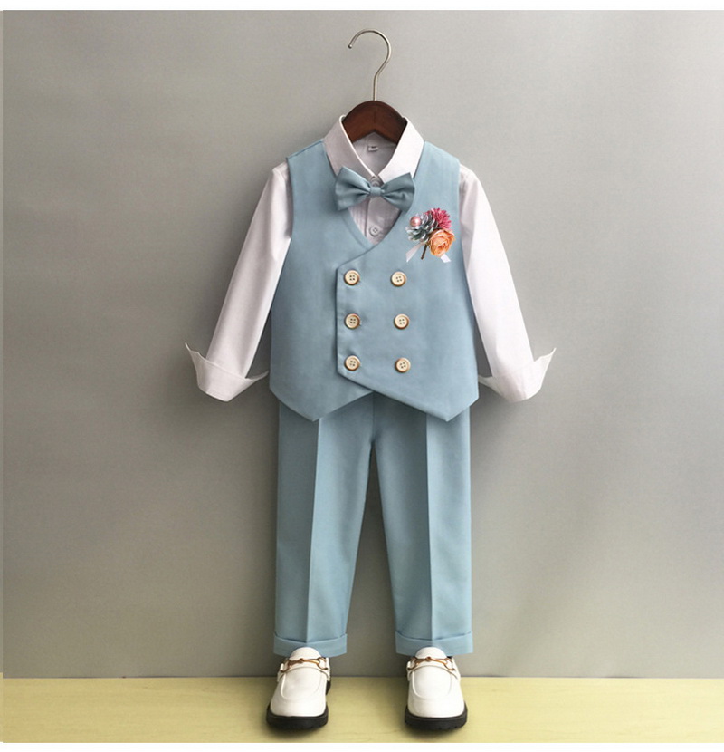 Bset0128- ชุดสูทเด็กชาย 4ชิ้น ทรงสวยดูดี มีเสื้อกั๊ก+กางเกง+โบว์+เข็มกลัดดอกไม้ เนื้อผ้าสวย ใส่สบาย ขนาดชุด +ดูเพิ่ม ในรายละเอียด สำหรับออกงาน หรือการแสดง