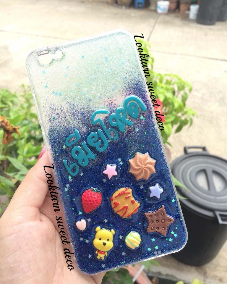 เคสกากเพชรขาว น้ำเงิน อักษรเขียวมิ้นท์เข้ม